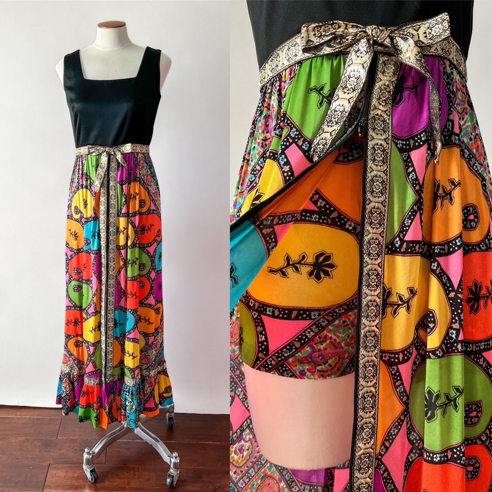 60s 70s VTG Mod Rainbow Paisley Zip Front Maxi Tunic & Peekaboo Shorts Set XS